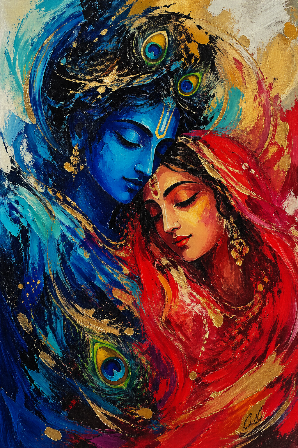 Abstract expressionist painting of Radha Krishna with vibrant blue and red merging swirls and gold highlights